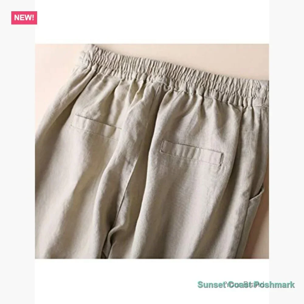 Linen Tapered Pants High Waisted Drawstring Casual Joggers - Picture 5 of 7